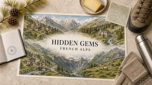Overhead French Alps travel flat lay with illustrated quiet stone-and-timber villages, larch valleys, waterfalls, high peaks and dairy pasture, framed by mountain travel props.