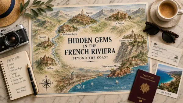 Top-down French Riviera travel flat lay with an illustrated inland village map, passport, notebook, coffee, sunglasses and coastal postcard.