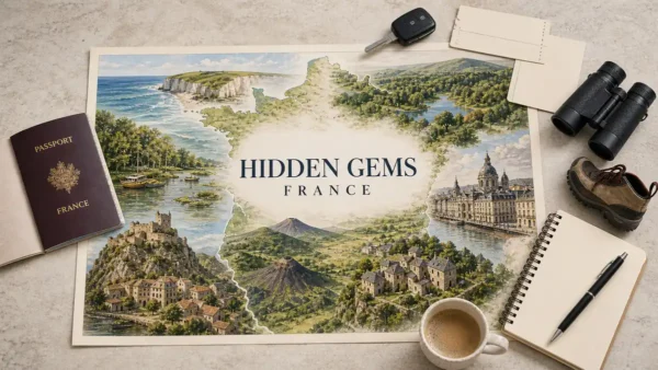 Overhead France hidden-gems flat lay with an illustrated map of chalk coast, waterways, volcanoes, castle, stone village and eastern city, framed by travel props.