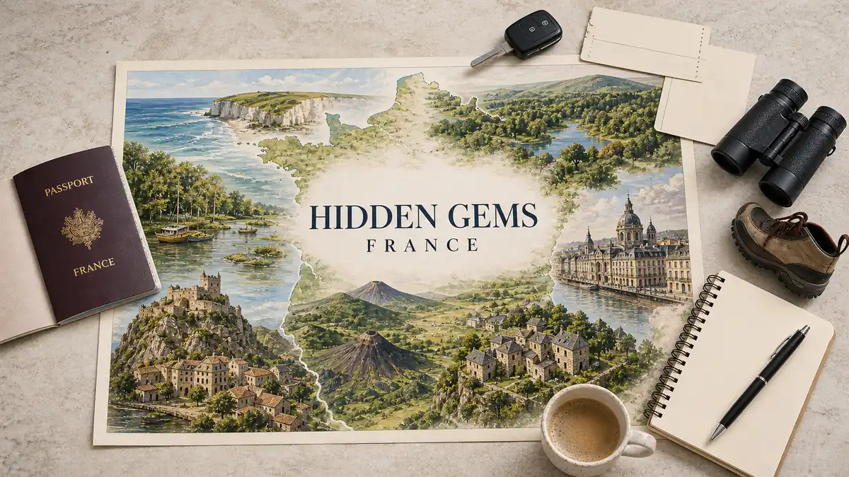 Hidden Gems in France: The Places That Actually Qualify 2 Overhead France hidden-gems flat lay with an illustrated map of chalk coast, waterways, volcanoes, castle, stone village and eastern city, framed by travel props.