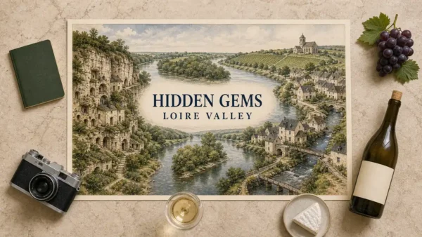 Overhead Loire Valley travel flat lay with an illustrated river, tufa cliff dwellings, quiet stone villages, footbridges, vineyard slopes and abbey, framed by wine-country props.