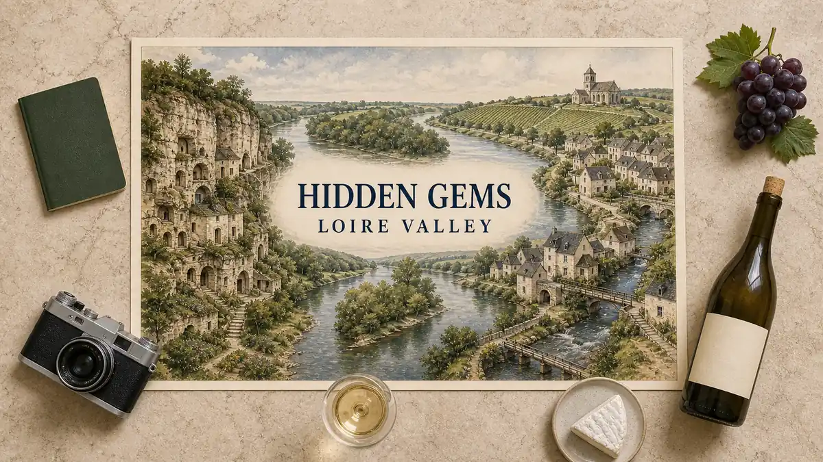 Hidden Gems in the Loire Valley That Are Actually in the Valley 2 Overhead Loire Valley travel flat lay with an illustrated river, tufa cliff dwellings, quiet stone villages, footbridges, vineyard slopes and abbey, framed by wine-country props.