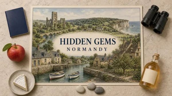 Overhead Normandy travel flat lay with an illustrated quiet harbour, empty boats, half-timbered village, river bridge, abbey ruins and chalk coast, framed by regional props.