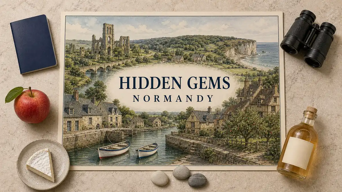 Hidden Gems in Normandy: The Towns the Big Lists Miss 2 Overhead Normandy travel flat lay with an illustrated quiet harbour, empty boats, half-timbered village, river bridge, abbey ruins and chalk coast, framed by regional props.