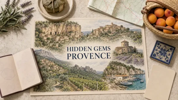 Overhead Provence travel flat lay with an illustrated cliff village, hilltop hamlets, rotunda, Ventoux landscape, vineyards and quiet Côte Bleue harbor, framed by regional props.