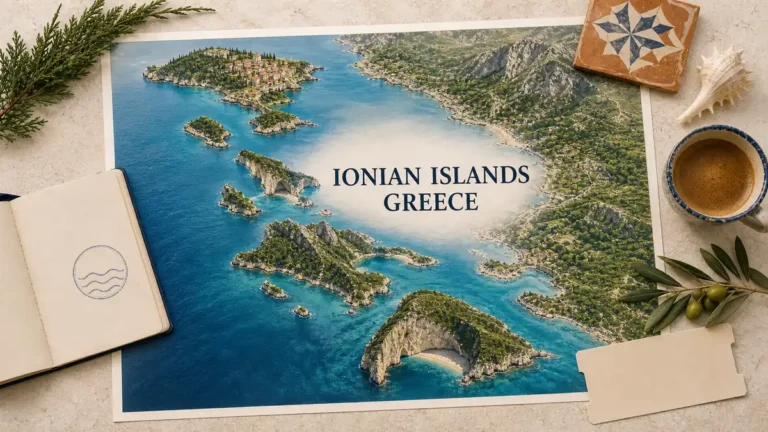 Travel to the Ionian Islands, Greece: Which Island and When 8 Ionian Islands travel guide flat lay with green islands, Venetian roofs, mountain coves and white limestone beaches