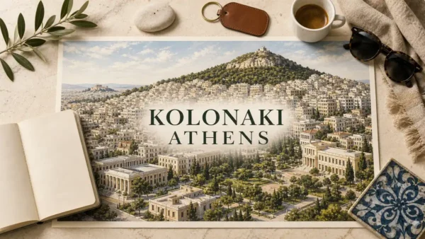 Kolonaki, Athens: What Staying in the Uphill Quarter Is Like 5 Kolonaki Athens flat lay showing the upscale neighborhood climbing from the museum row toward Lycabettus Hill