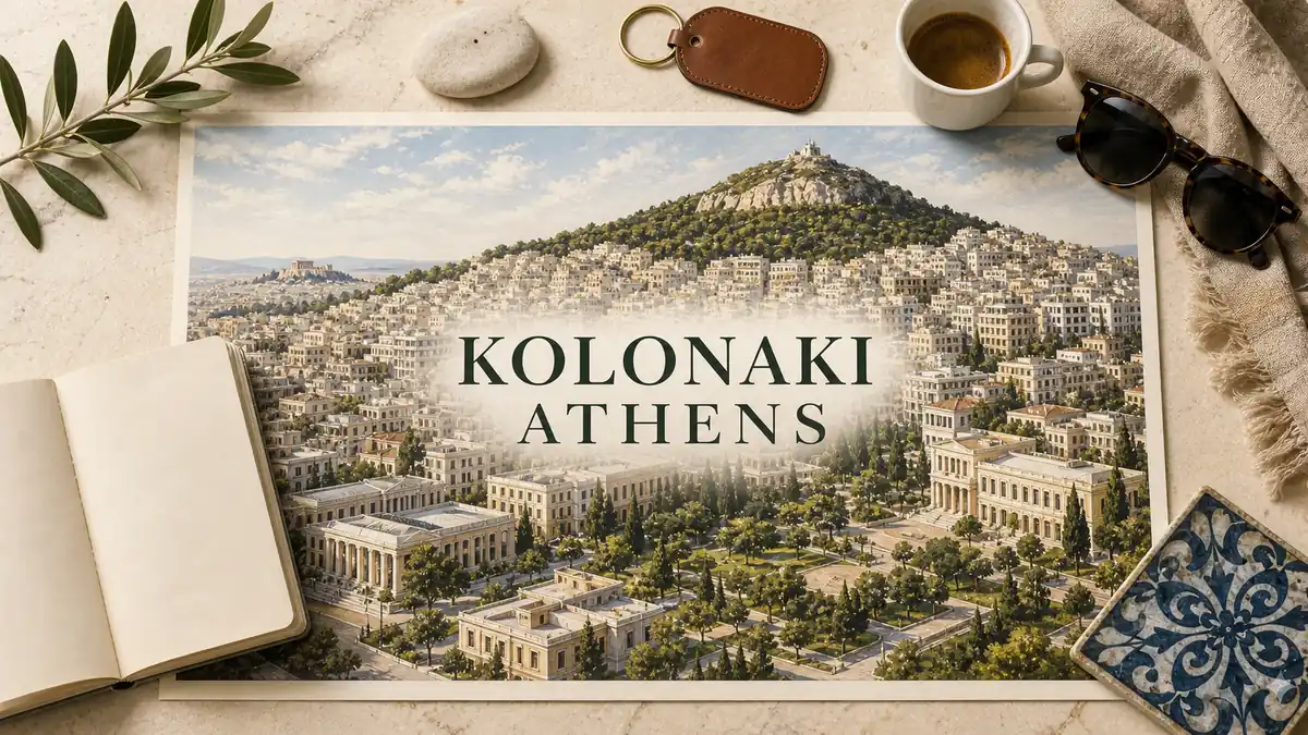 Kolonaki, Athens: What Staying in the Uphill Quarter Is Like 2 Kolonaki Athens flat lay showing the upscale neighborhood climbing from the museum row toward Lycabettus Hill