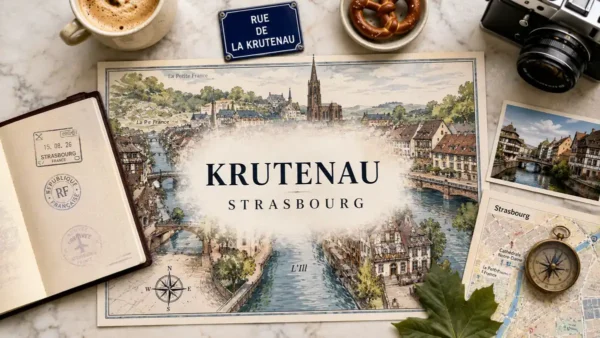 Krutenau, Strasbourg: Should You Stay in This Area? 12 Top-down Strasbourg travel flat lay with an illustrated Krutenau map, passport, coffee, pretzel, postcard and compass.