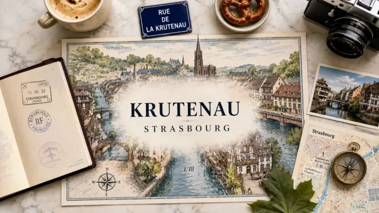 Krutenau, Strasbourg: Should You Stay in This Area? 7 Top-down Strasbourg travel flat lay with an illustrated Krutenau map, passport, coffee, pretzel, postcard and compass.