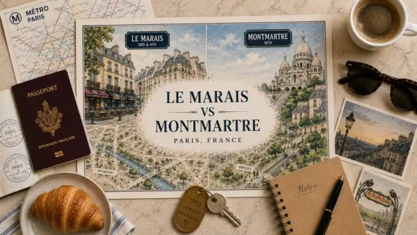 Le Marais versus Montmartre travel flat lay with a split Paris map, passport, Metro map, coffee, key, notebook, croissant and sunglasses.