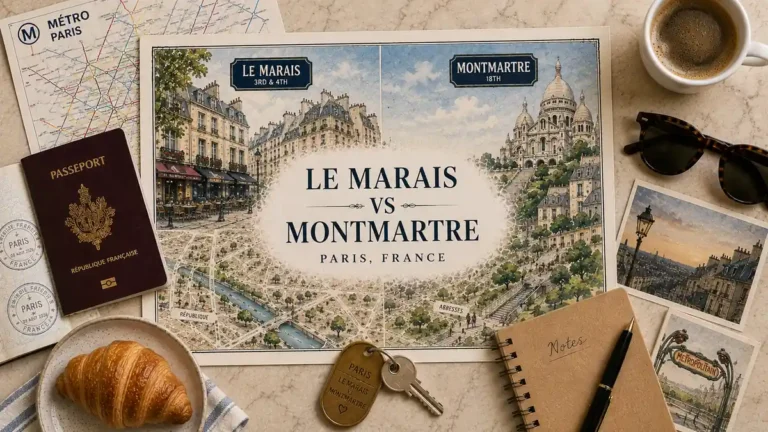 Le Marais versus Montmartre travel flat lay with a split Paris map, passport, Metro map, coffee, key, notebook, croissant and sunglasses.