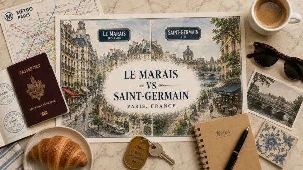 Le Marais versus Saint-Germain travel flat lay with a split Paris map, passport, Metro map, coffee, key, notebook and croissant.