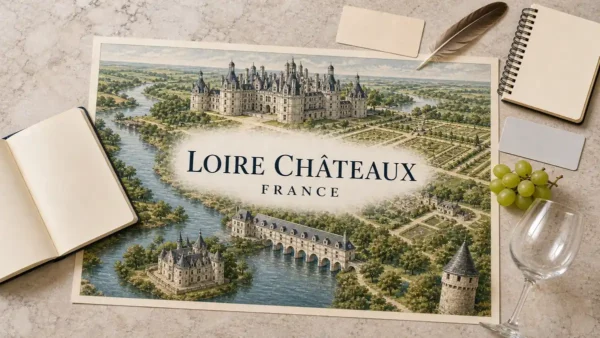 Overhead Loire Valley château flat lay with illustrated Renaissance castles, a river-spanning palace and formal gardens, framed by travel props.