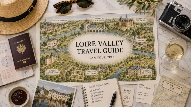 Travel to the Loire Valley, France: How the Trip Works 4 Overhead Loire Valley travel map with châteaux, passport, wine, train ticket, notebook, and cycling map.