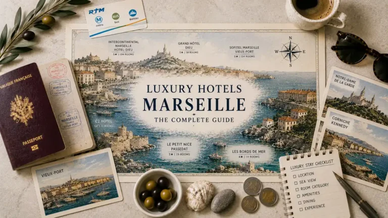 Top-down Marseille luxury hotel guide flat lay with an illustrated harbor and coast map, passport, transit card, coffee, postcards, olives, shell, coins and planning notebook.