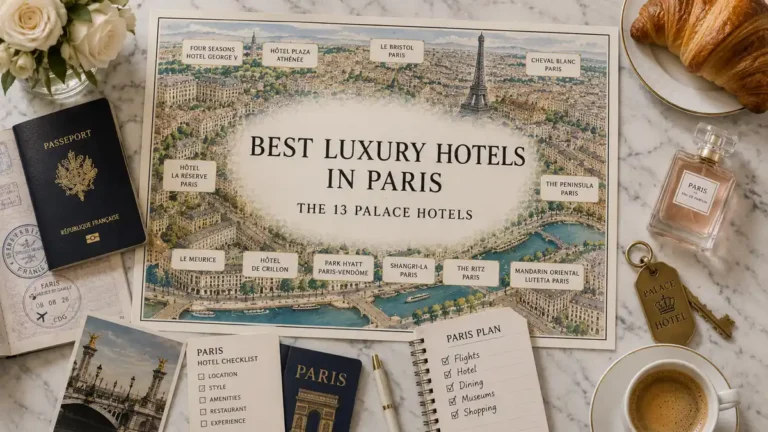 Best Luxury Hotels in Paris: All 13 Official Palaces 5 Overhead Paris luxury hotel map with passport, hotel key, coffee, notebook, and travel-planning objects.