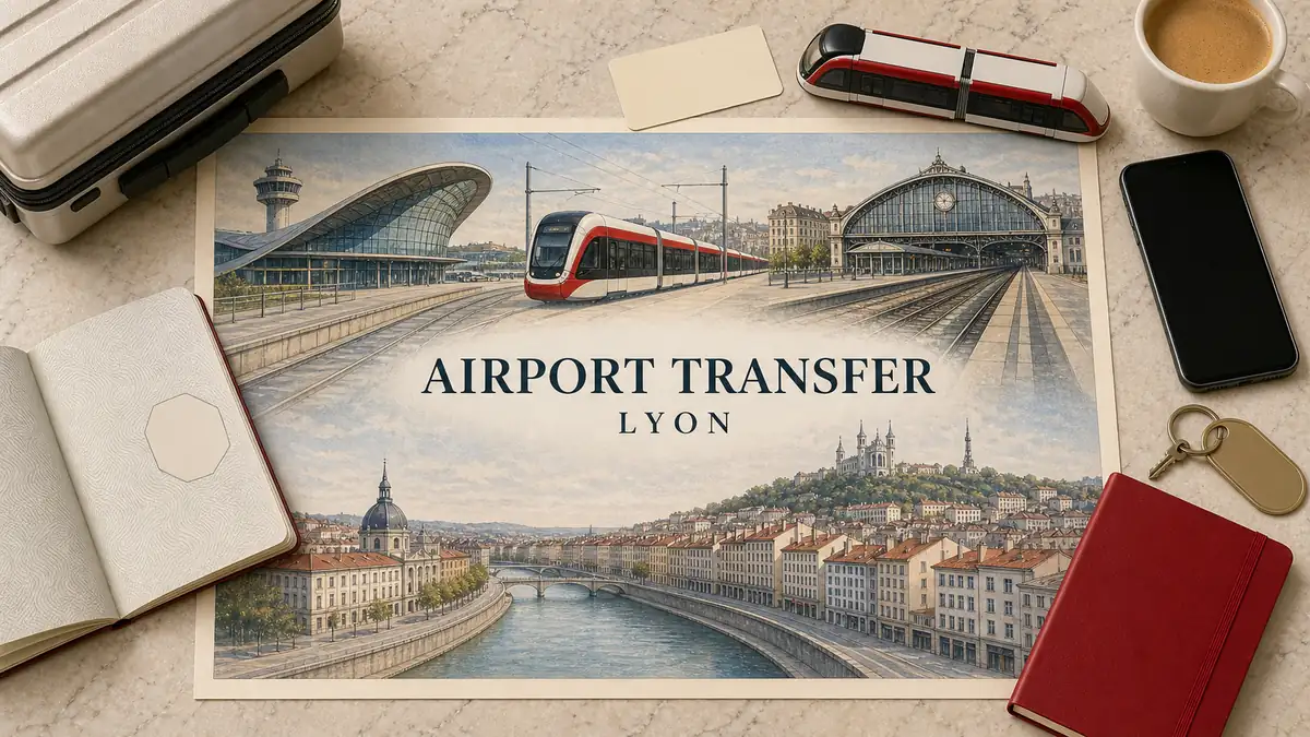 Lyon Airport Transport: Best Way into the City Centre 2 Overhead Lyon airport-transfer flat lay with an illustrated airport, empty red-and-white tram-train, Part-Dieu station, Rhône river and city skyline, framed by travel props.