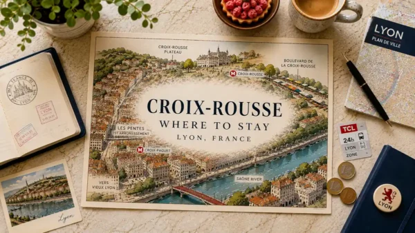 Overhead flat lay with an illustrated Croix-Rousse map showing the pentes, plateau and Metro C stops in Lyon.