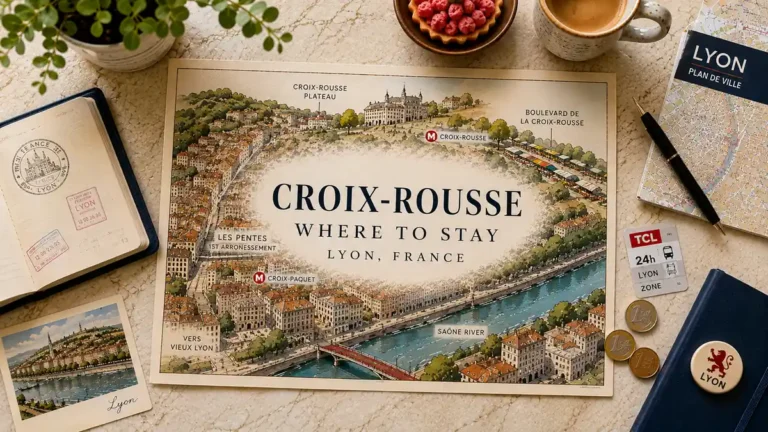 Croix-Rousse, Lyon: Where on the Hill Should You Stay? 6 Overhead flat lay with an illustrated Croix-Rousse map showing the pentes, plateau and Metro C stops in Lyon.