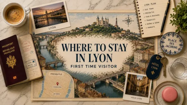 Overhead Lyon first-time stay flat lay with an illustrated city map, passport, Cordeliers and Jacobins inset map, notebook, hotel key, coffee and Vieux Lyon postcard.