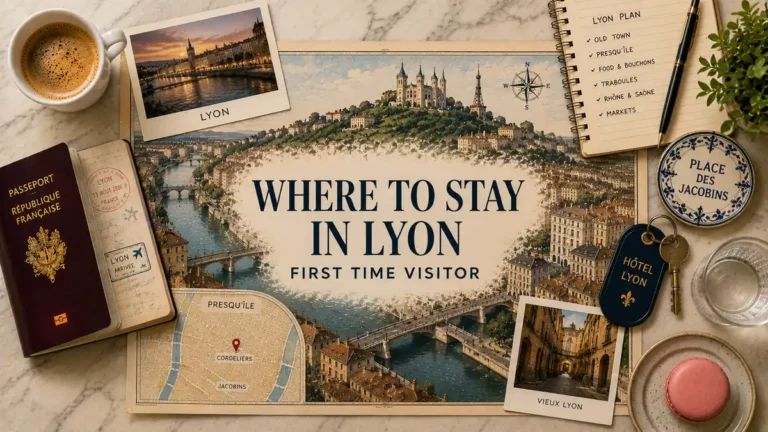 Where to Stay in Lyon on a First Visit: One Base, Decided 7 Overhead Lyon first-time stay flat lay with an illustrated city map, passport, Cordeliers and Jacobins inset map, notebook, hotel key, coffee and Vieux Lyon postcard.