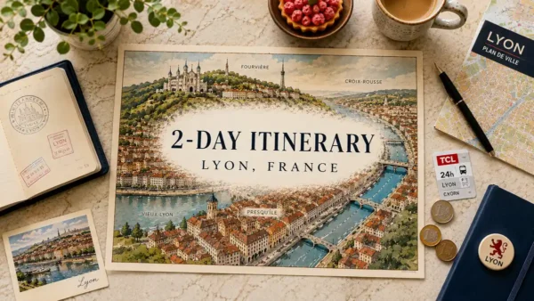 Overhead flat lay with an illustrated Lyon 2-day itinerary map, passport, coffee, praline tart and travel-planning props.