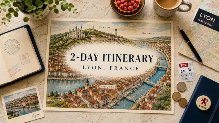 Overhead flat lay with an illustrated Lyon 2-day itinerary map, passport, coffee, praline tart and travel-planning props.