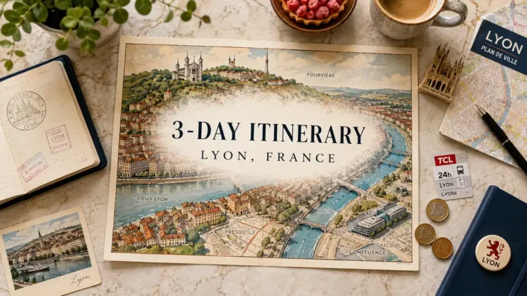 Overhead flat lay with an illustrated Lyon itinerary map, passport, coffee, praline tart and travel-planning props.
