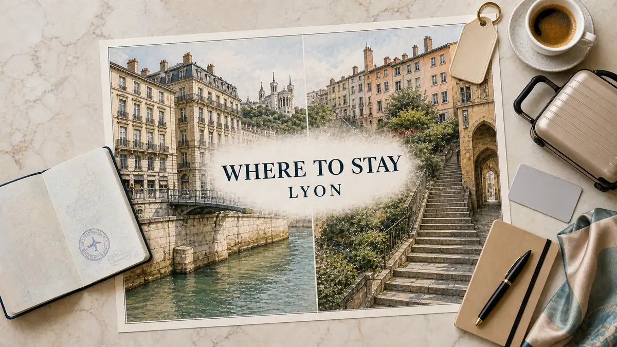 Presqu'île vs Croix-Rousse: Where to Stay in Lyon 2 Overhead Lyon stay-comparison flat lay with illustrated Presqu'île riverfront facades and empty Croix-Rousse stairs.
