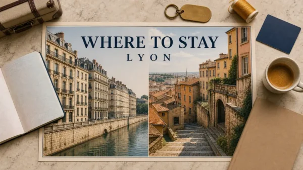 Overhead Lyon stay-comparison flat lay with an illustrated Presqu'île riverfront and empty Croix-Rousse hillside steps.