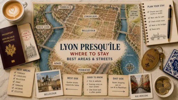 Presqu'île, Lyon: Which End and Which Side to Book 5 Overhead Lyon Presqu'île flat lay with an illustrated peninsula map, passport, Bellecour and Rue Mercière cards, planning notebook, hotel key, coffee and euro coins.