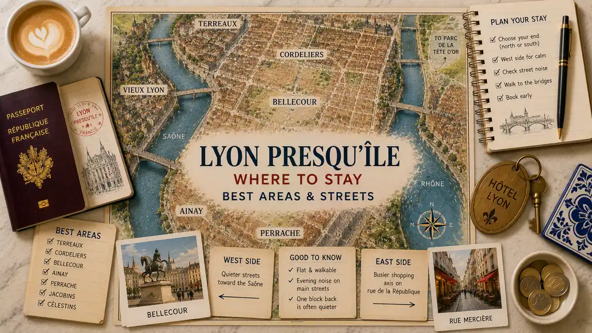 Presqu'île, Lyon: Which End and Which Side to Book 2 Overhead Lyon Presqu'île flat lay with an illustrated peninsula map, passport, Bellecour and Rue Mercière cards, planning notebook, hotel key, coffee and euro coins.