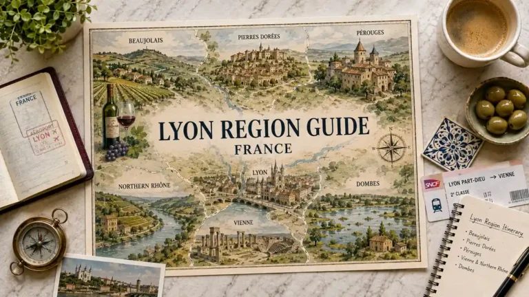 Overhead Lyon region travel map with Beaujolais, Pérouges, Vienne, the northern Rhône and travel-planning props.