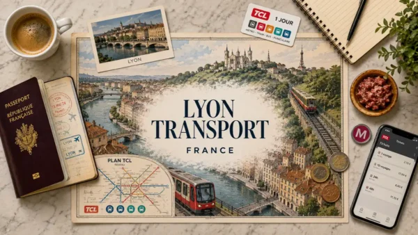 Overhead Lyon transport flat lay with an illustrated city map, passport, transit ticket, metro and funicular imagery, coffee and euro coins.