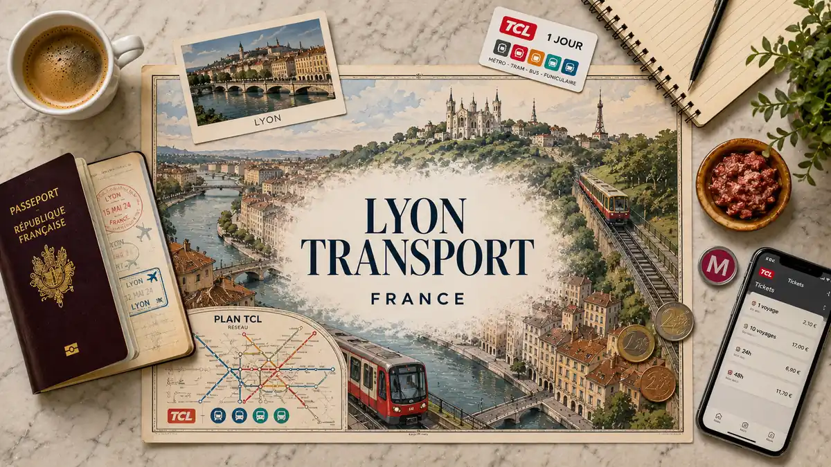 Lyon Transport Guide 2 Overhead Lyon transport flat lay with an illustrated city map, passport, transit ticket, metro and funicular imagery, coffee and euro coins.