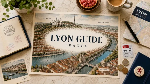 Overhead flat lay with an illustrated Lyon guide map, passport, coffee, praline tart and travel-planning props.