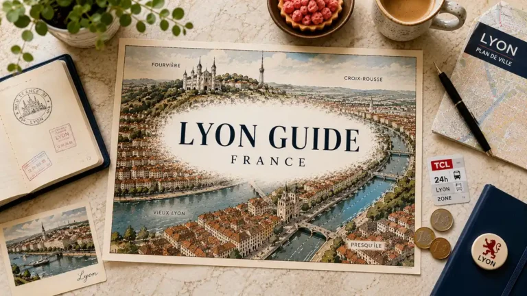 Overhead flat lay with an illustrated Lyon guide map, passport, coffee, praline tart and travel-planning props.