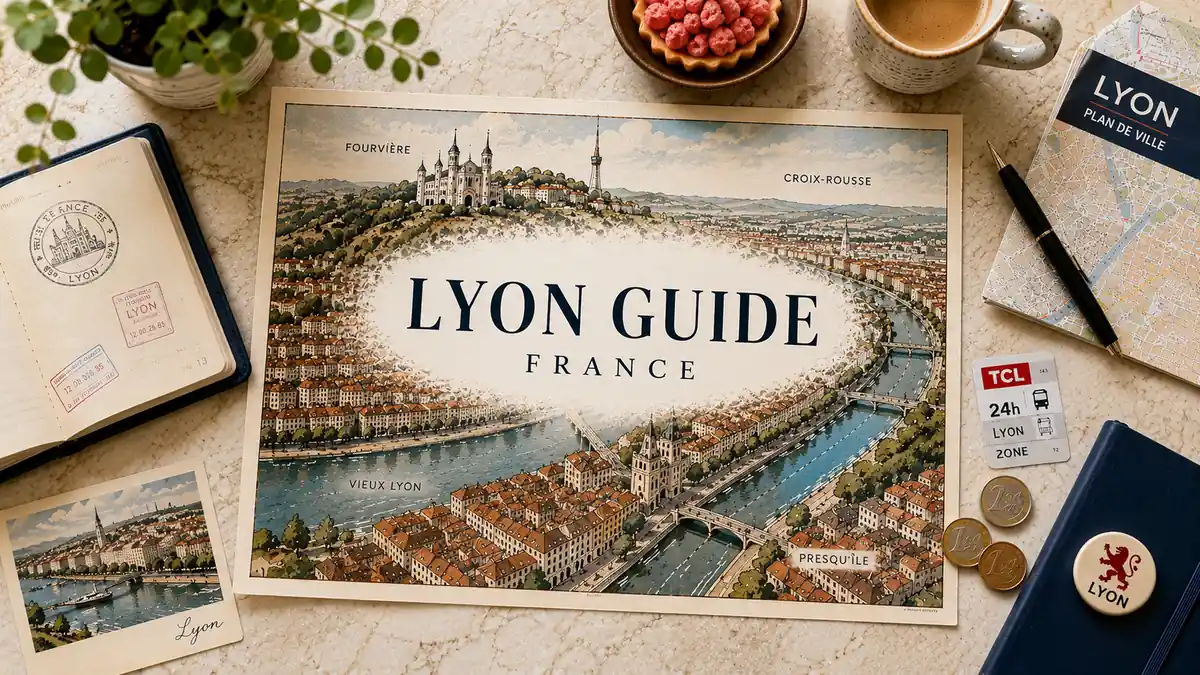 Travel to Lyon, France: Plan a Food-Led City Break 2 Overhead flat lay with an illustrated Lyon guide map, passport, coffee, praline tart and travel-planning props.