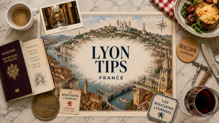 Overhead Lyon travel tips flat lay with an illustrated city map, passport, traboule postcard, bouchon cards, coffee and wine.