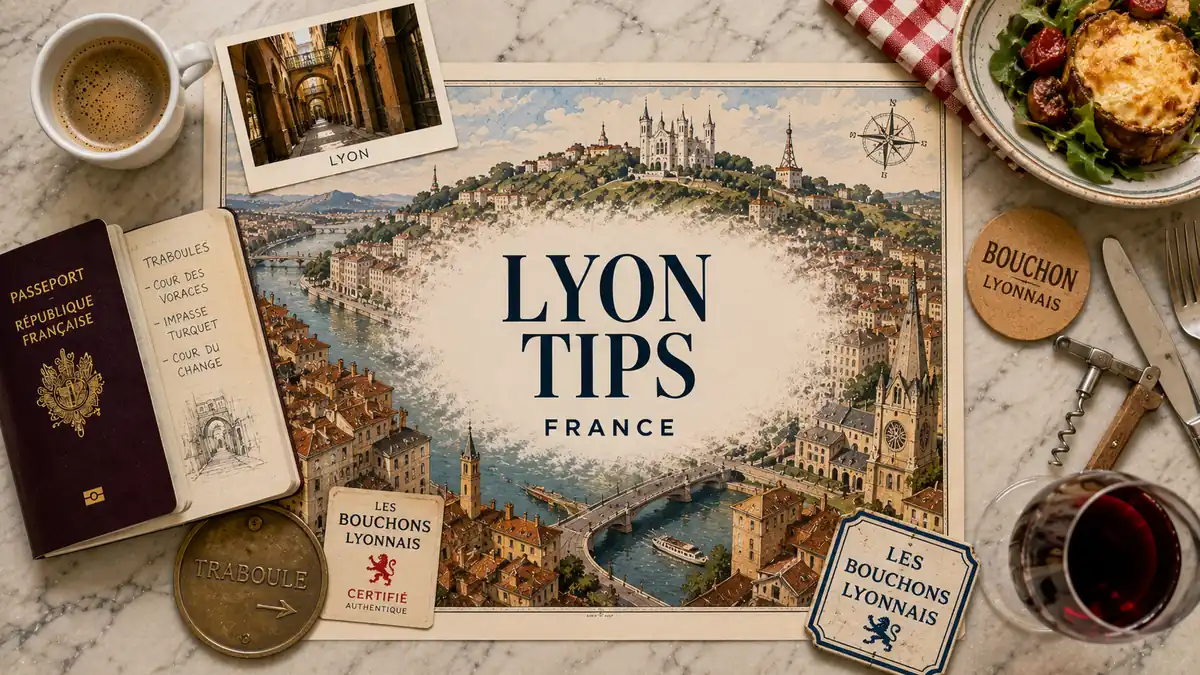 Lyon Tips: Bouchons, Traboules and the Tourist Traps to Skip 2 Overhead Lyon travel tips flat lay with an illustrated city map, passport, traboule postcard, bouchon cards, coffee and wine.