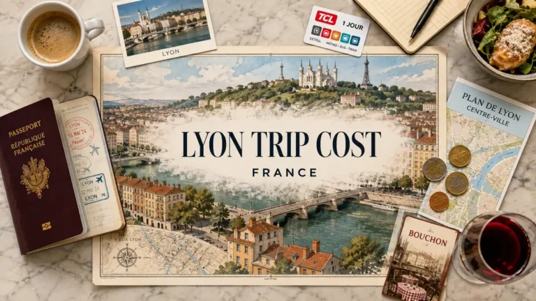 Overhead Lyon trip cost flat lay with an illustrated city map, passport, coffee, transit card, euro coins, food and wine.