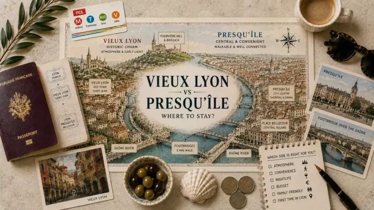 Vieux Lyon vs Presqu'île: Where to Stay in Lyon, Decided 6 Top-down Lyon stay comparison flat lay with an illustrated Vieux Lyon and Presqu'île map, passport, transit card, coffee, postcards, coins and decision notes.