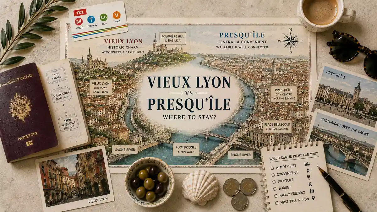 Vieux Lyon vs Presqu'île: Where to Stay in Lyon, Decided 2 Top-down Lyon stay comparison flat lay with an illustrated Vieux Lyon and Presqu'île map, passport, transit card, coffee, postcards, coins and decision notes.