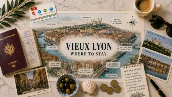 Where to Stay in Vieux Lyon: Picking the Right Street 12 Top-down Vieux Lyon stay guide flat lay with an illustrated old-town map, passport, transit card, coffee, postcards, coins and neighborhood planning notes.