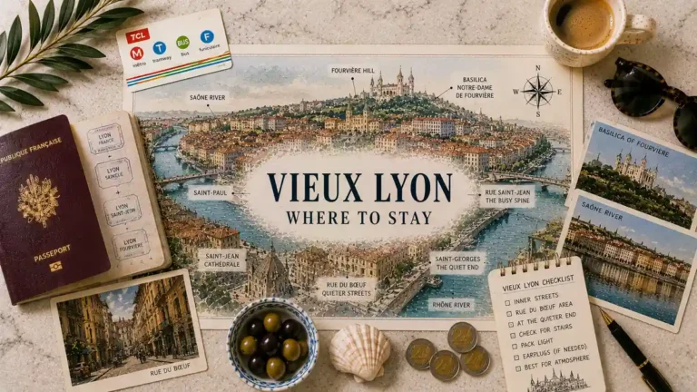 Where to Stay in Vieux Lyon: Picking the Right Street 4 Top-down Vieux Lyon stay guide flat lay with an illustrated old-town map, passport, transit card, coffee, postcards, coins and neighborhood planning notes.
