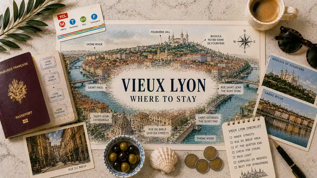 Where to Stay in Vieux Lyon: Picking the Right Street 2 Top-down Vieux Lyon stay guide flat lay with an illustrated old-town map, passport, transit card, coffee, postcards, coins and neighborhood planning notes.
