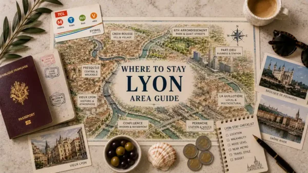 Top-down Lyon where-to-stay flat lay with an illustrated neighborhood map, passport, transit card, coffee, postcards, coins and stay-planning notes.
