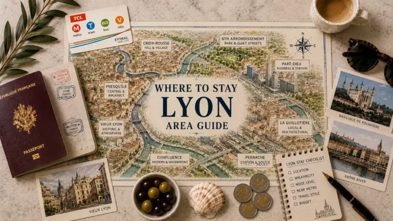 Top-down Lyon where-to-stay flat lay with an illustrated neighborhood map, passport, transit card, coffee, postcards, coins and stay-planning notes.