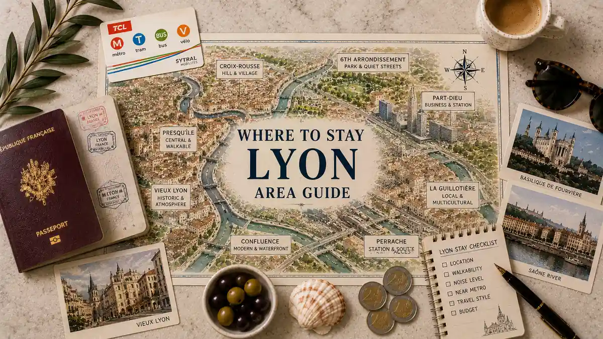 Where to Stay in Lyon: Best Areas and Neighbourhoods 2 Top-down Lyon where-to-stay flat lay with an illustrated neighborhood map, passport, transit card, coffee, postcards, coins and stay-planning notes.